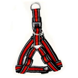 Orange reflective step in dog harness